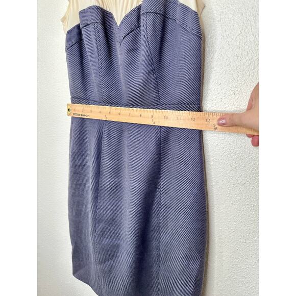 Rebecca Taylor Cream Ruffle Pleat Shoulder Blue Jean Stripe Linen Sheath Dress 0 - Picture 11 of 12